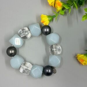 Jaeger Signed Vintage Chunky Silver and Blue Crystal Beaded Stretchy Bracelet